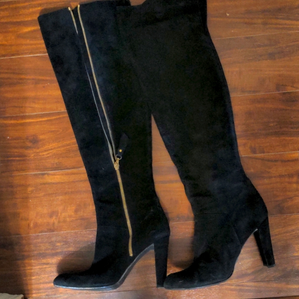 Stuart Weitzman over the knee gold zip boot with heel
